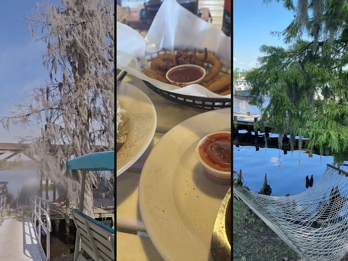 Dockside dining tables beside the water.