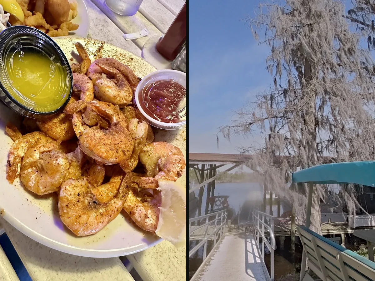 Casual restaurant seating with a marina view.