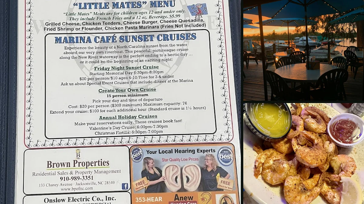 Casual restaurant seating with a marina view.
