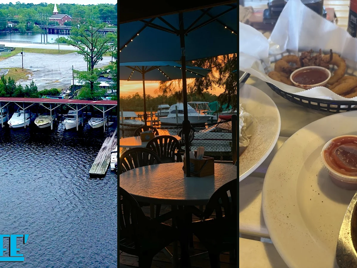 Dockside dining tables beside the water.